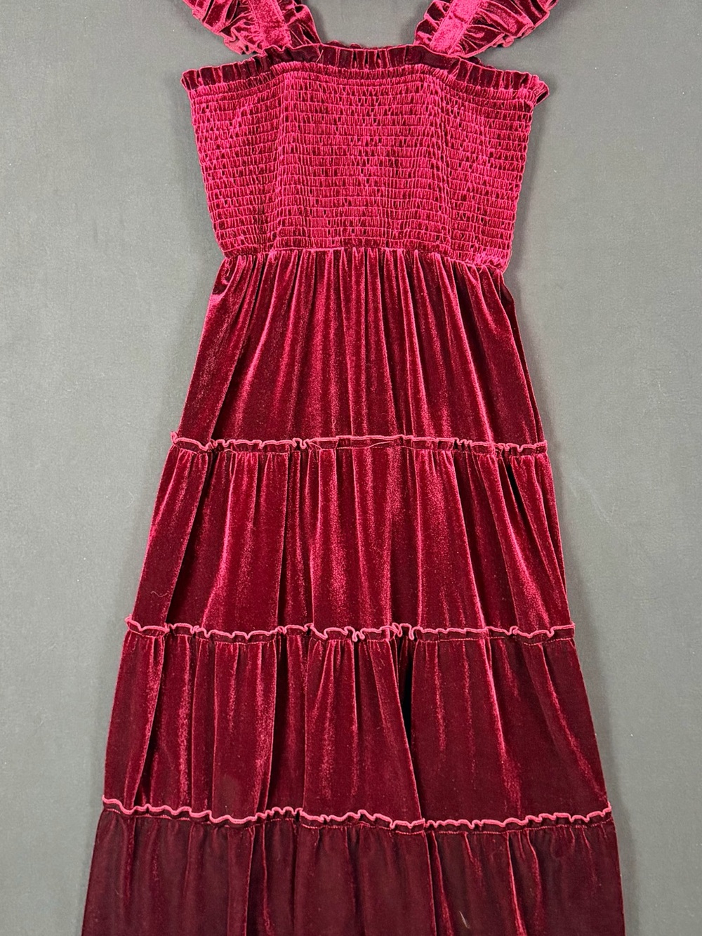 Girls' Velvet Tiered Dress in Deep Berry Pink Padded Straps Ruffle Smocked witch